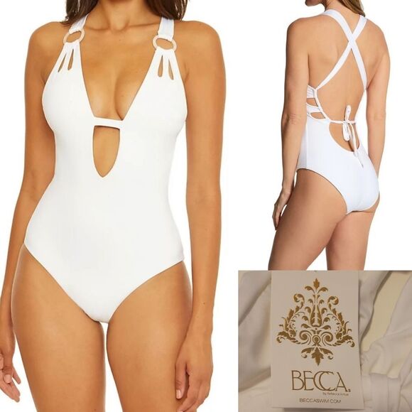 $138 NEW M BECCA CUTOUT HR OPEN BACK SEXY WHITE ONE PIECE SWIMSUIT MEDIUM NWT - Picture 1 of 8